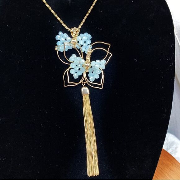 Carol Dauplaise 3D Wire Beaded Butterfly Statement Necklace Blue Gold - Picture 2 of 12